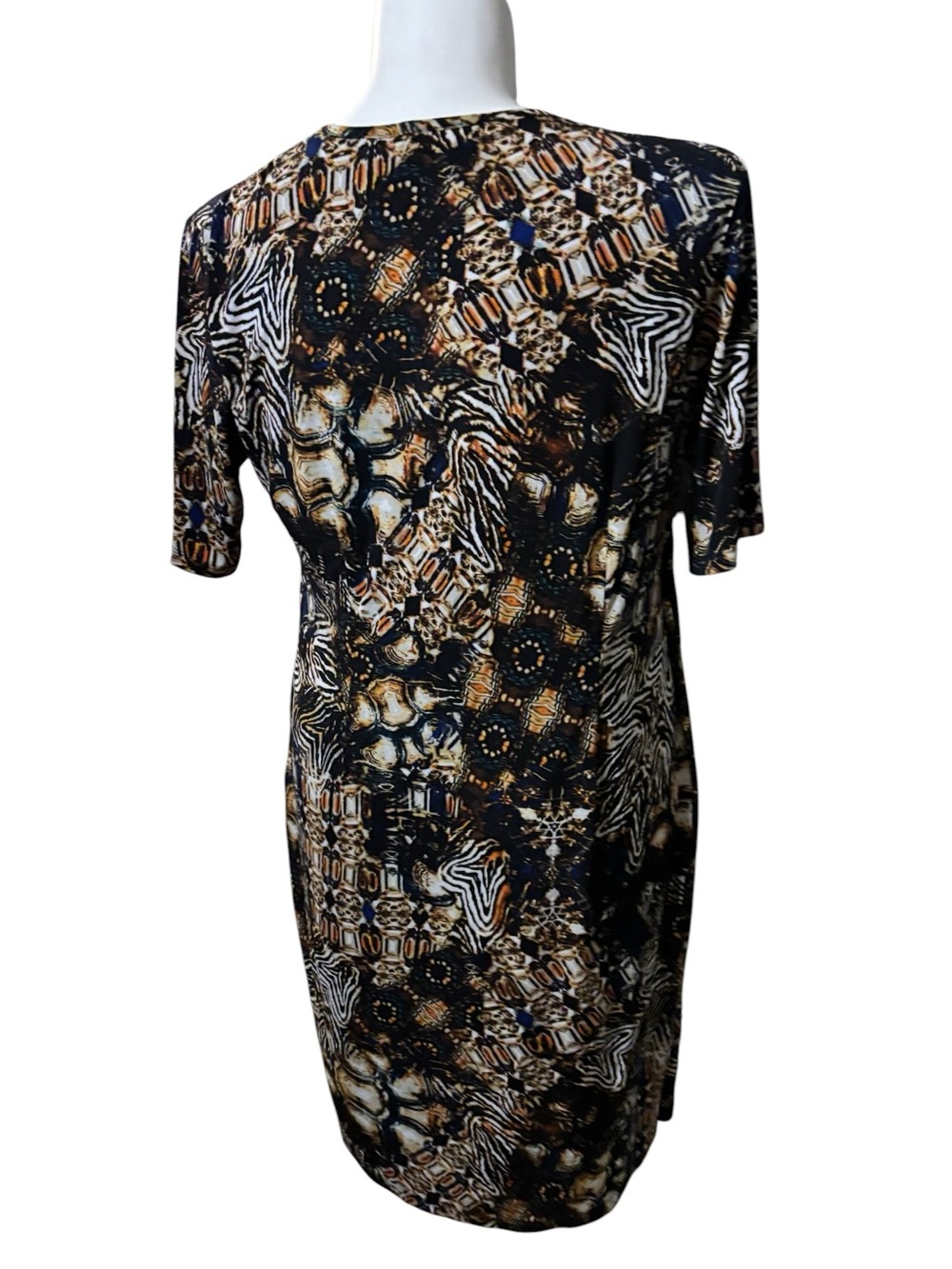 Cato 16 Dress Short Sleeve V-Neck side zip Midi Rouch Black Tan Print - Picture 6 of 9